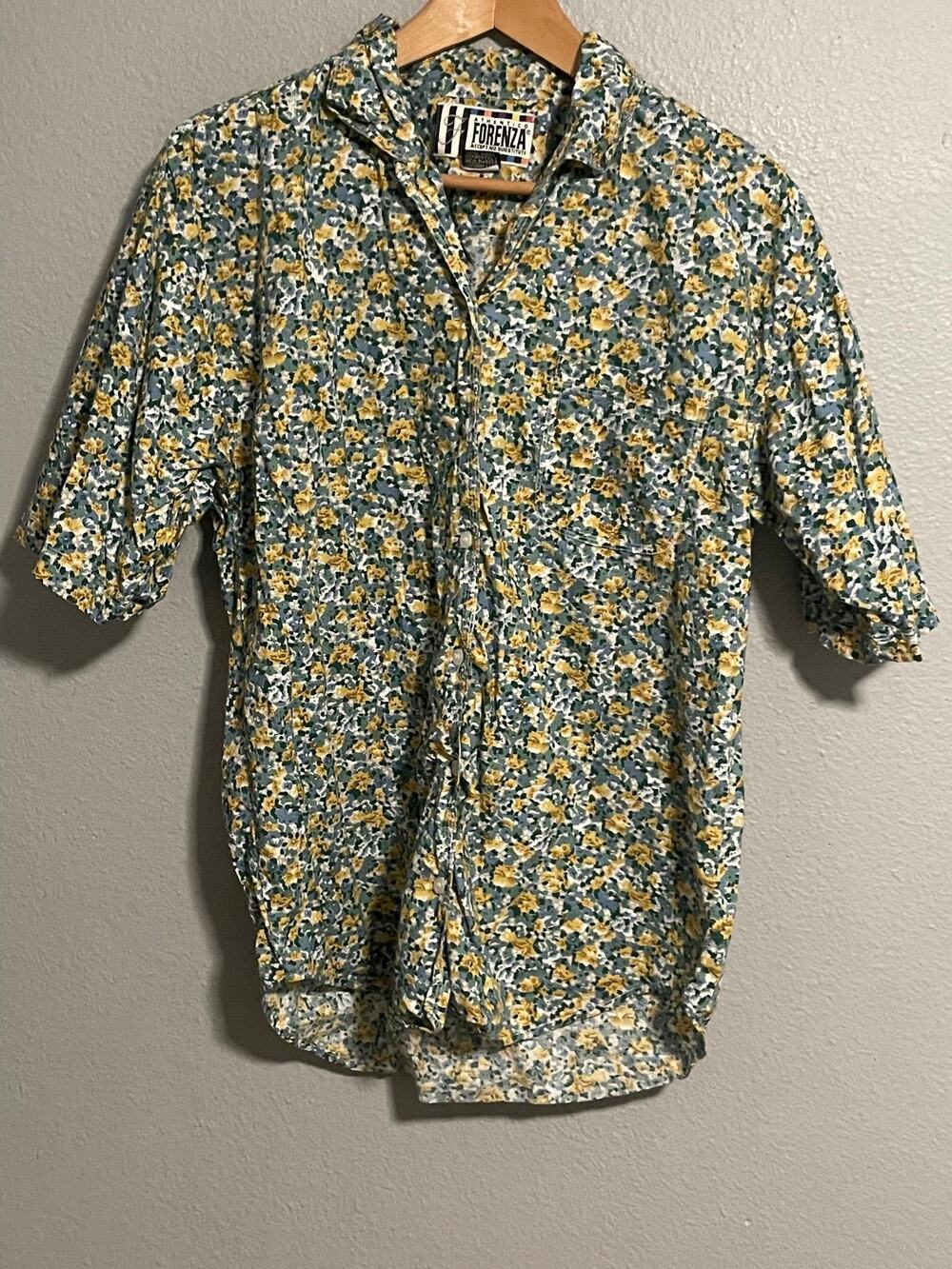 Vintage Mens Shirt Medium Multicolor Floral Cotton Button Up Boho Artsy 90s